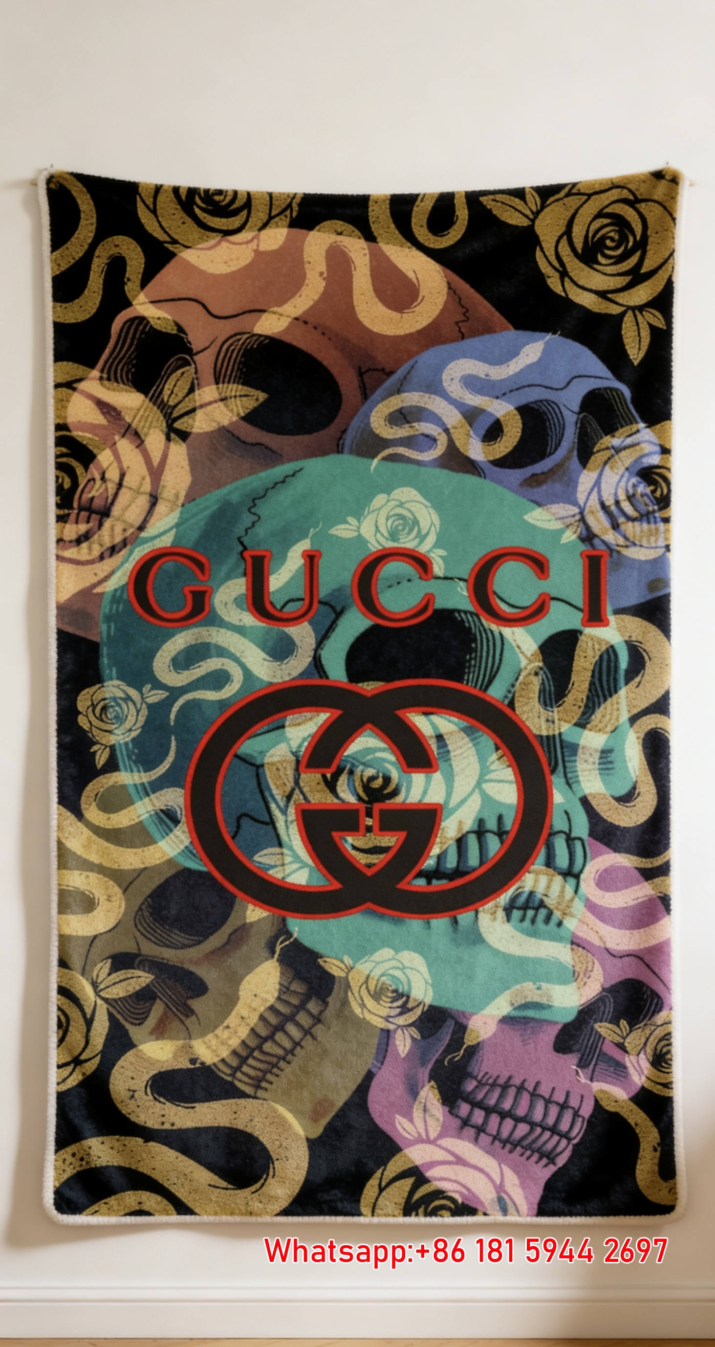 Luxury Gucci Skull & Snake Print Flannel Sofa Throw Blanket IMG_4753